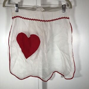 Vintage Half Apron Sheer White Red Heart Handmade Ric Rac Trim Retro Cottage